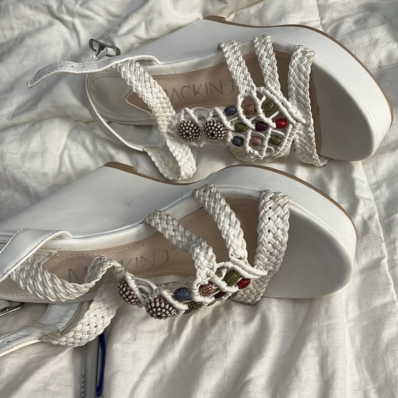 A white wedge ankle platform by Mackinac with beading and braided straps. - Picture 3 of 5